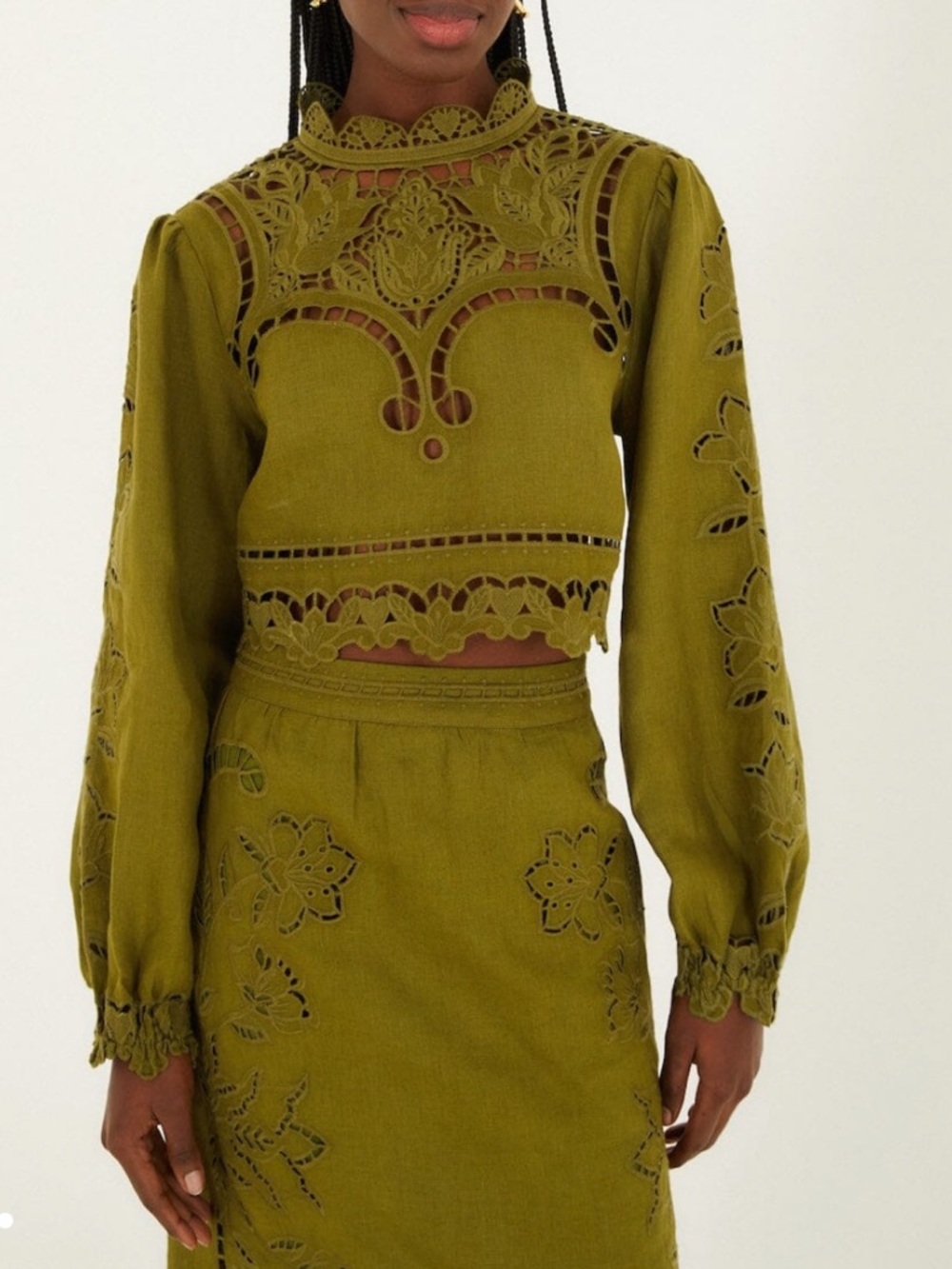 FARM Rio Green Majestic Garden Euroflax™ Linen Richelieu Blouse – XS NWT
